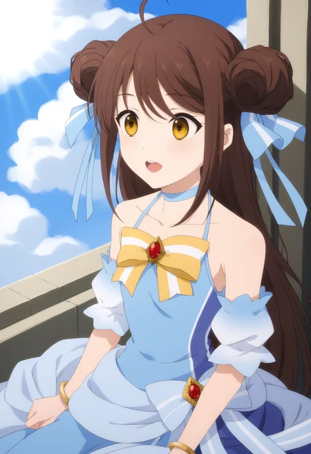 <lora:Falanya Elk Arbalest:1>,
Falanya Elk Arbalest,solo,brown hair,long hair,double bun,yellow eyes,blue dress,ahoge,hair ribbon,choker,jewelry,blue dress,bare shoulders,blue ribbon,yellow bow,upper_body,upper teeth only,outdoors,sky,cloud,sunshine,wariza,sitting,from_above,detached sleeves