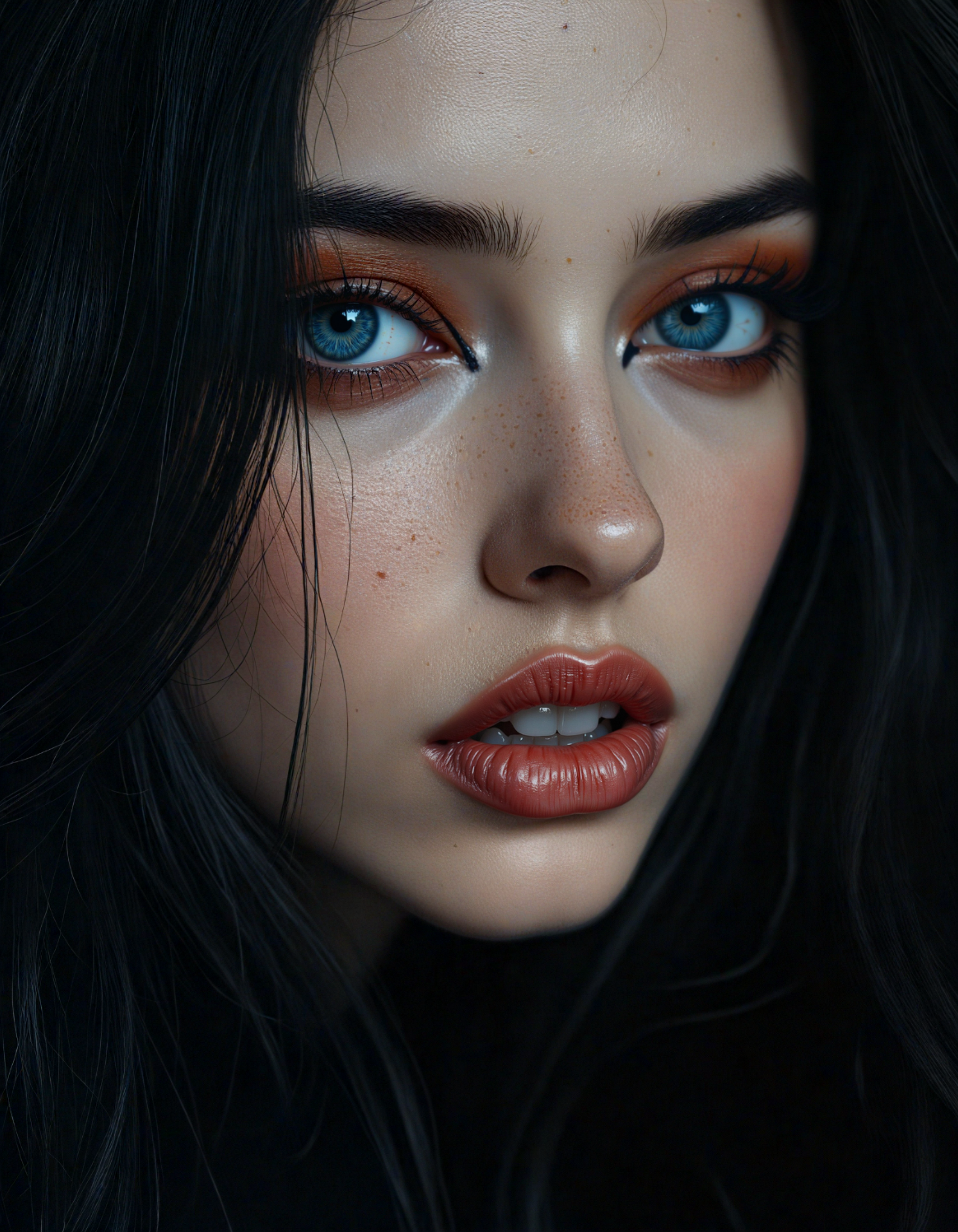 hyperrealistic art (dark mood masterpiece Photography:1.2), portrait of a mysterious woman with blue eyes and bold eyeliner, she has sensuous lips, looking seductively, naughty, shy smirking. The extreme realism focuses on her detailed skin, showing fine textures and natural highlights. photography masterpiece, modern, irresistible beauty, fuzzy lighting, dark mood, unusual composition, use of negative space, (rule of thirds composition), simmetry , mysteriouse, emotional, flirting, (fine erotic content:0.65), groundbreaking unrivaled opus with unrivaled details, (Neon Orange color scheme), highly detailed, melancholic, low-light hyper detailed photography, catchlights, style by Luis Royo . extremely high-resolution details, photographic, realism pushed to extreme, fine texture, incredibly lifelike, extreme close-up shot,medium shot,style by luis royo . extremely high-resolution details, photographic, realism pushed to extreme, fine texture, incredibly lifelike