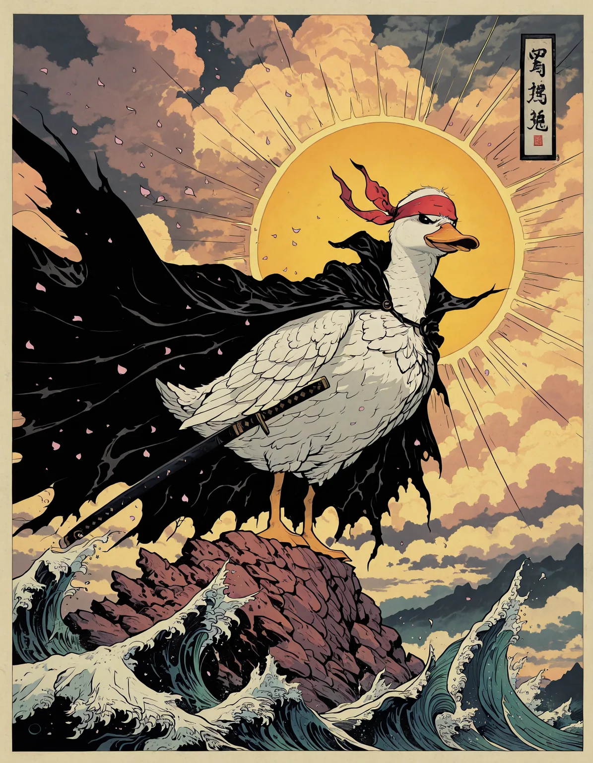masterpiece, best quality, amazing quality, very aesthetic, absurdres,no humans, from below, high up, in the style of cksc,dark_comic_fantasy_noir,emphasis lines,traditional japanese art
, white duck on a cliff, mean look, v-shaped eyebrows,puffed chest,imposing,long red headband,sideways glance, looking to the side, profile, sheathed katana, sheath, torn black cape,wings
, cloudy, dramatic lighting, cliff, waves crashing,dim lighting,windy, pink falling petals
, <lora:ck-shadow-circuit-IL:1> <lora:dark_comic_fantasy_noir_illustriousXL:0.6> <lora:traditional_japanese_art_illustriousXL:0.6>