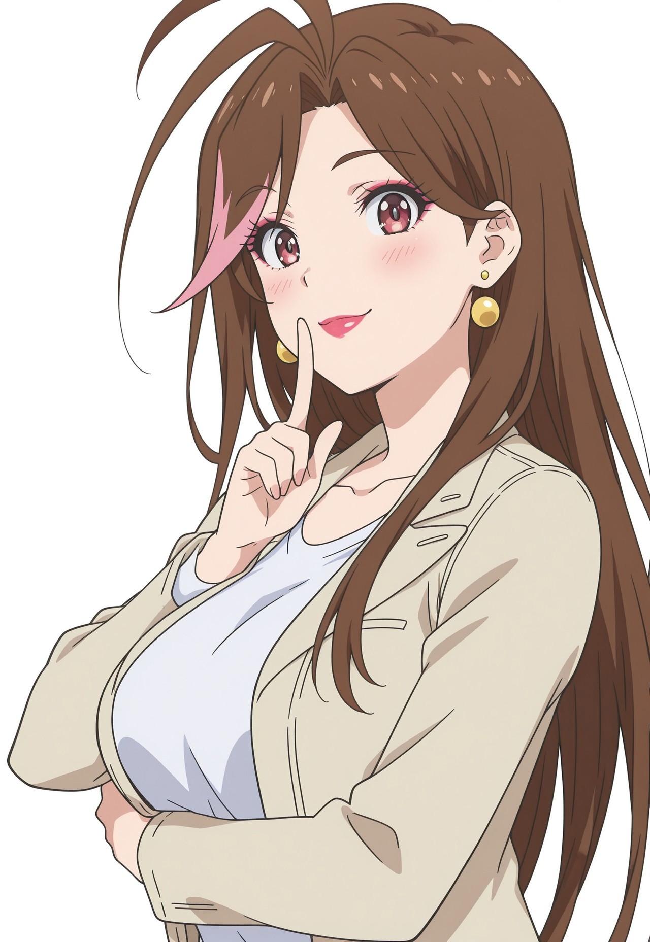 myoujouakeno, 1girl, brown hair, long hair, streaked hair, pink streaked hair, antenna hair, jewelry, earrings, makeup, lipstick, collarbone, beige jacket, white shirt, anime screencap, big breasts,

masterpiece, best quality, high resolution, 

(white background), smile, blush, looking at viewer, shushing, arm under breasts, upper body,

3/4 view from side,