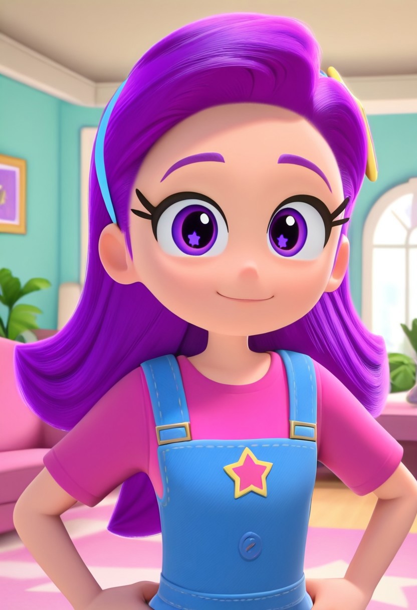 Purple_Star, 1girl, solo, fair skin, purple eyes, wavy hair, purple hair, light blue headband, star headband, pink t-shirt, light blue overalls, white socks, purple shoes, (light smile, Hands on hips, looking at viewer, indoors, elegant room, solo, dynamic pose, close-up, upper body,),