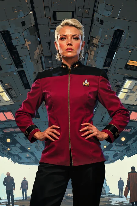a mature woman with modern haircut in maroon TNGadm jacket with black shoulders and black pants standing with her hands up. A giant scifi high tech futuristic spaceship starship is behind her. , detailed background Fantastic lighting. Detailed shadows.intricate details, vivid colors, hyper-detailed, ultra-sharp,meiman_style,DB4RZ, DB4RZ style painting, NeoPigma, in the style of cksc, anime<lora:CPA:0.5><lora:FLUX-daubrez-DB4RZ:0.3><lora:Luminous_Shadowscape-000016:0.3><lora:NeoPigmaV3:0.3><lora:ck-shadow-circuit-000021:0.35><lora:ST_TNG_ADMIRAL_FLUX>