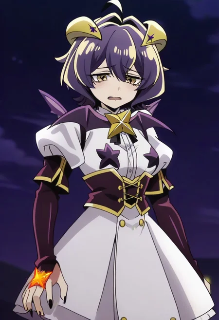 source_anime <lora:GushingoverMagicalGirlsSet1:0.8>, MagiaBaiser, short hair, yellow eyes, ahoge, purple hair, magical girl, showgirl skirt, black nails, low wings, cross-shaped pupils, yellow horns, star pasties,,, ,,, , , ,,,, ,,, , ,,,,,,,, anime coloring,anime screencap, 1girl,Solo ,, anime,official art,,Uncensored ,Unedited ,,,,,,,,