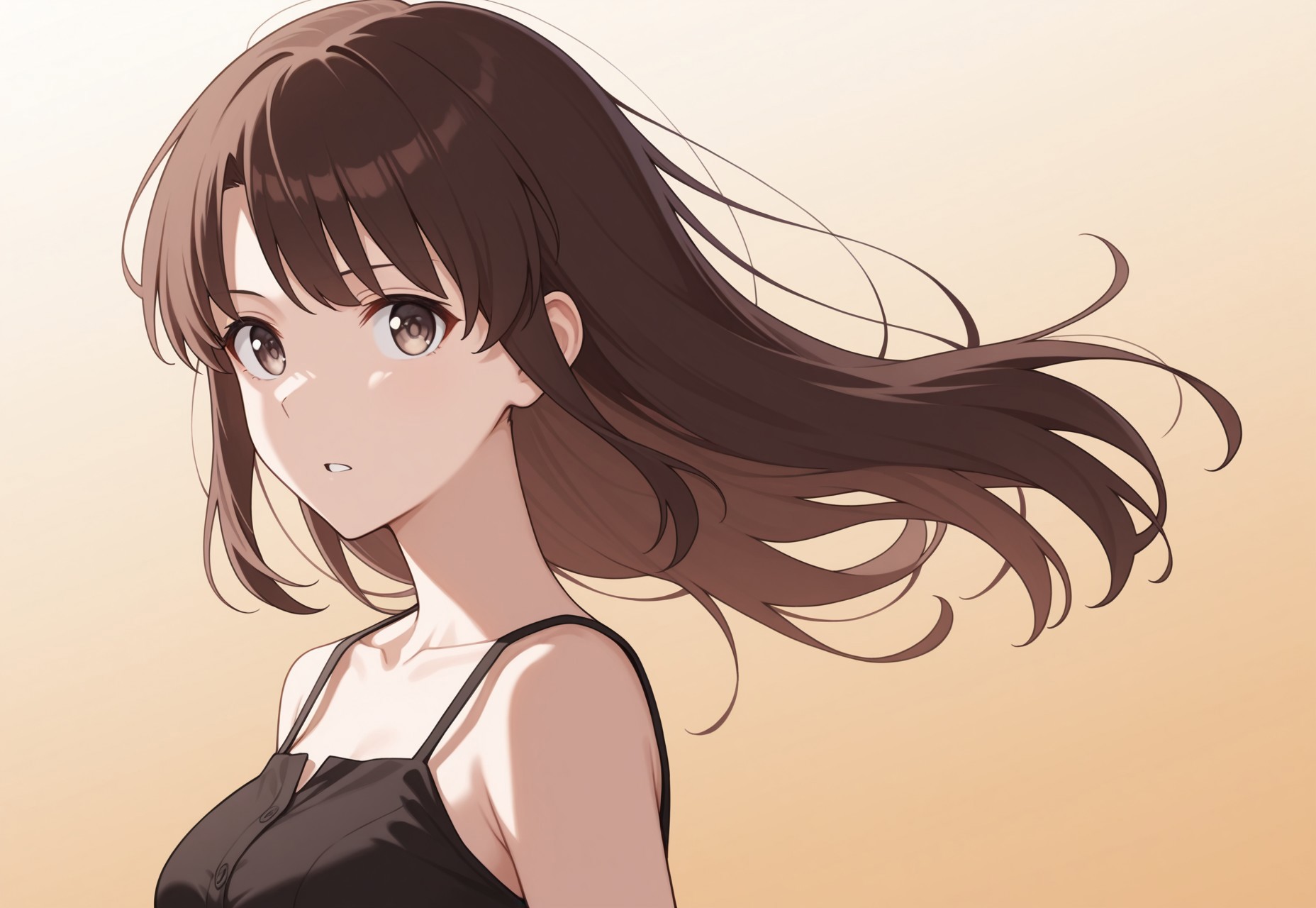 1girl,Megumi <lora:IL-KatoMegumi:0.8>,brown hair,katou megumi,brown eyes,medium breasts, long hair, ((detailed eyes))

neon, exotic, epic, from side, looking at viewer , serious, soft shading, collarbone, floating hair, parted lips, upper body, gradient background, (detailed background:0.85), sleeveless dress,

 (masterpiece, best quality, very aesthetic, absurdres, highres:0.7), (very awa:0.6), MythAn1m3