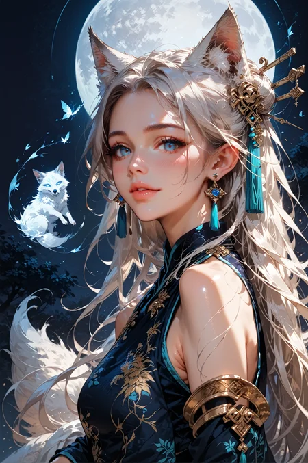 score_9, score_8_up, score_7_up, score_6_up, 1girl, kitsune girl, beautiful face, thick eyelashes, glowing white eyes, fox ears, long flowy silver hair, cute smile, dark eyeshadow, floral decoration in hair, night time, shinning moon, lit by moonlight, ambient lighting, fangs, long fluffy tail, long hair, earrings, hair pin, <lora:LOAwdl34pXL:0.85>,LOAwdl34pXL, qipao, armlet, long sleeves,<lora:sinfully_stylish_SDKL:0.5> <lora:Fant5yP0ny:0.6>, concept art, realistic, <lora:Expressive_H:0.5> Expressiveh