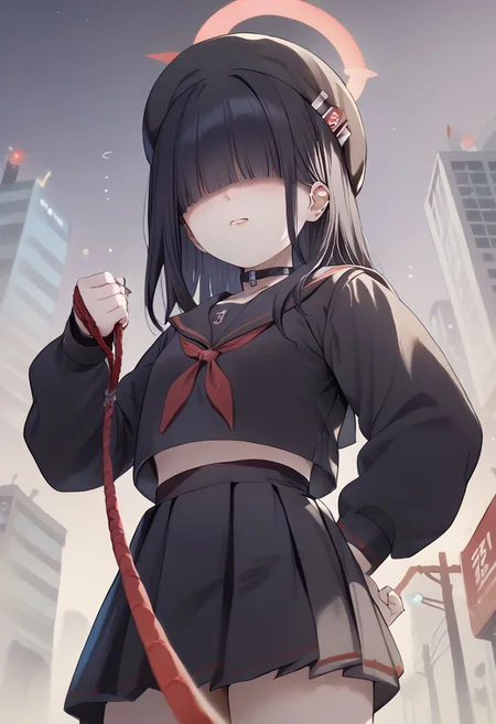 score_9,score_8_up,score_7_up, rating_questionable, source_anime, 1girl, seijitsu-noeye, justice task force member \(blue archive\),(no eyes:1.2),hair over eyes, black hair, halo, choker, beret, black serafuku, short skirt, goth, viewer_on_leash, viewer on leash, from below, city at night, dominatrix