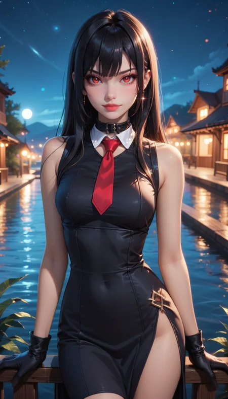 score_9, score_8_up, score_7_up, Cowboy Shot, Akame ga Kill!, cute, seductive, innocent, light smile:0.3, plump lips, slender body, very long black hair, red eyes, black dress, sleeveless, detailed white collar, black skirt, red and black gloves, long red tie, ultrahigh resolution textures, bokeh, moonlight passing through hair night, lake background, 4n1v3rs3, depth of field, dynamic angle, fashion photography, sharp, hyperdetailed:1.15