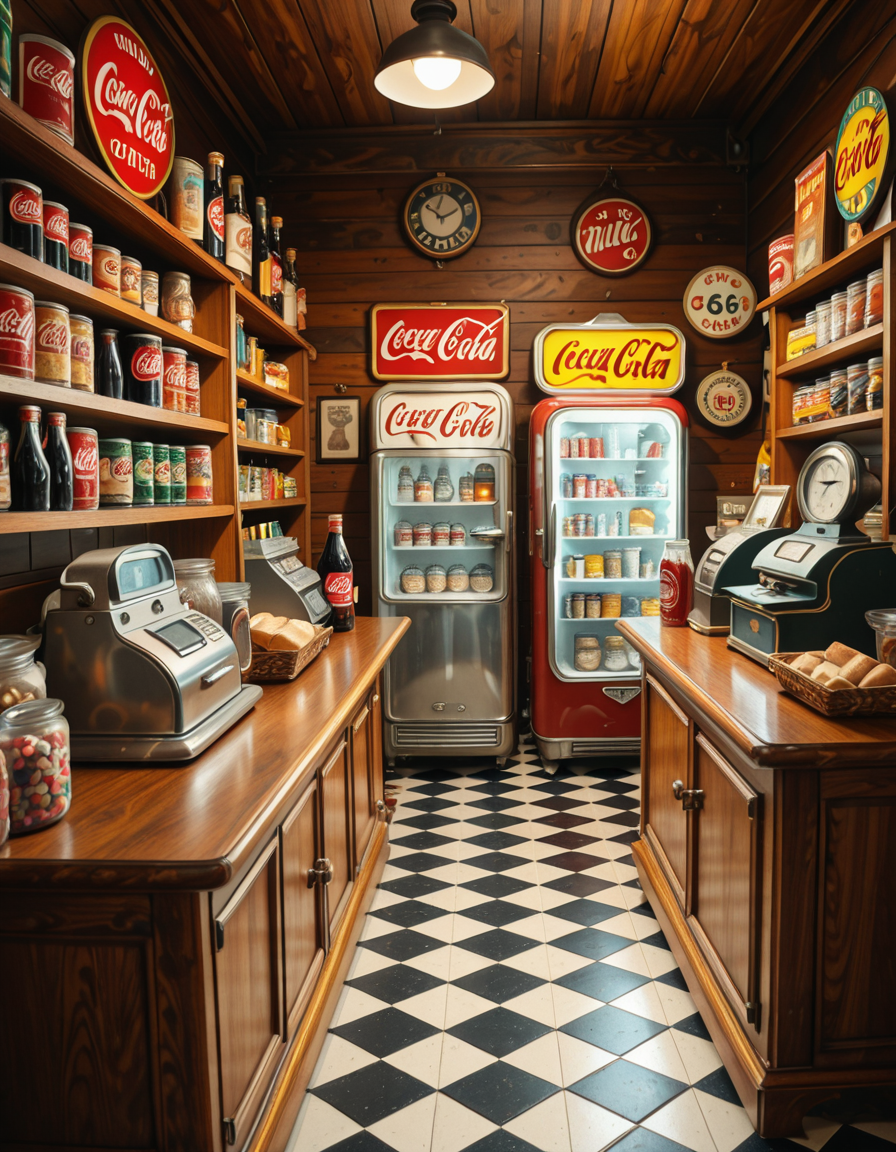 A vintage 1950s grocery store filled with nostalgic details. Wooden shelves neatly stocked with classic canned goods, glass soda bottles, and colorful retro packaging. An old-fashioned cash register sits on the wooden counter, next to a small scale for weighing produce. The checkered black-and-white tile floor adds to the mid-century charm, while hand-painted signs on the walls advertise milk, bread, and coffee in bold, retro fonts. A display of penny candy in glass jars sits near the entrance, and a vintage Coca-Cola refrigerator hums in the background. Soft, warm lighting casts a nostalgic glow over the scene, enhancing the rich textures of wood, glass, and metal, capturing the essence of a bygone era.
<lora:SDXLFaeTastic2400:0.4> <lora:extremely_detailed:0.4> extremely detailed
,1950s grocery st0r3, <lora:1950s_grocery_st0r3-i:1>, Masterpiece,best quality,hi res,8k,hi res,8k,award winning,(sharp focus, intricate, highly detailed),