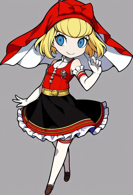 score_9, score_8_up, score_7_up, source_anime, BREAK, solo, 1girl, smile, looking at viewer, <lora:PQ-Style-pdxl_Fp:1>, simple background, full body, chibi, standing, <lora:Idun-pdxl-DoRA_Fp:1>, idunnsmt, short hair, blonde hair, blue eyes, veil, red bow, red dress, vest, frilled skirt, white gloves, elbow gloves, white thighhighs, bare shoulders, miniskirt, black skirt,