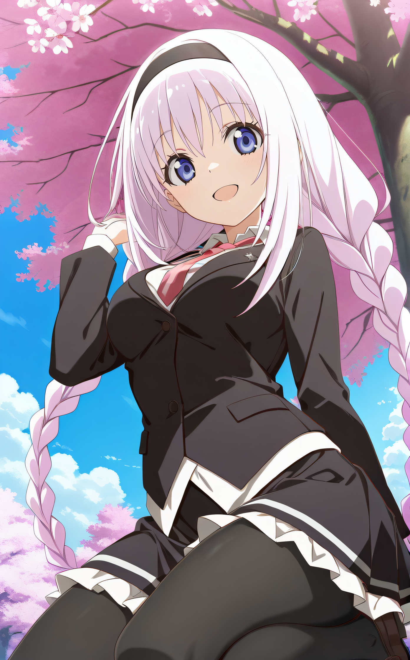 masterpiece, best quality, highres, scenery, newest, 1girl, solo, official style, <lora:Hikawa_Rina:1>, rina, twin braids, hairband, school uniform, black jacket, black skirt, frills, black pantyhose, looking at viewer, smile, outdoor, cowboy shot, kneeling, from below, open mouth, hand on hair, five fingers, cherry blossom