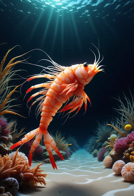 5HR1MP5, a fish made of shrimps,  swimming in the ocean, set in the ocean, with diverse marine life, glowing flora, serene ambiance, magical light, ,Masterpiece,best quality, raw photo, realistic, very aesthetic