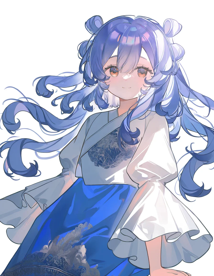 1girl,solo,looking at viewer,simple background,white background,cowboy shot,jiangyalu,blue hair,blue dress,brown eyes,smile,<lora:jiangyalu-000014:1>,(sitting:1.2),, masterpiece, best quality, very aesthetic, absurdres,newest, incredibly absurdres,