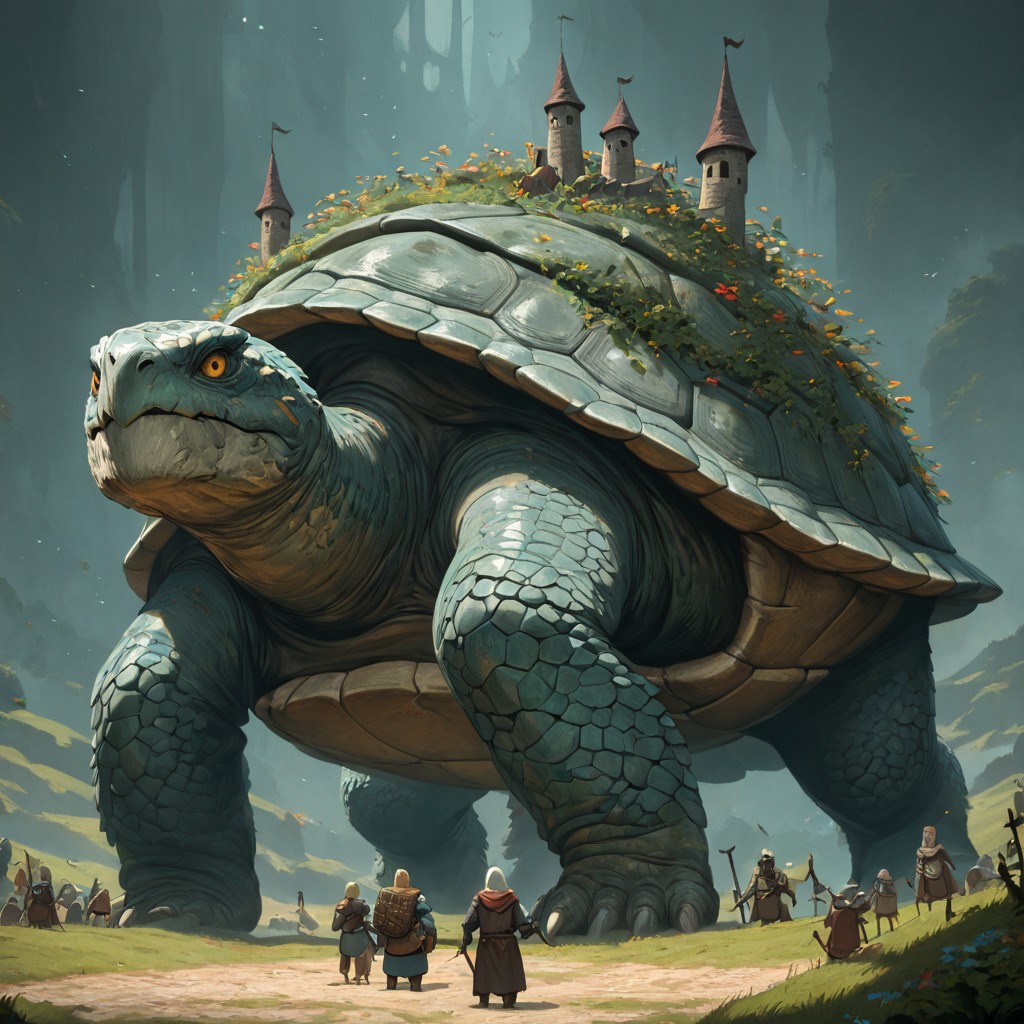 masterpiece, best quality, newest, absurdres, highres, DT-BOIB, DTV1.0, Turtle, Dragon, monster, no humans, medieval, fantasy,
