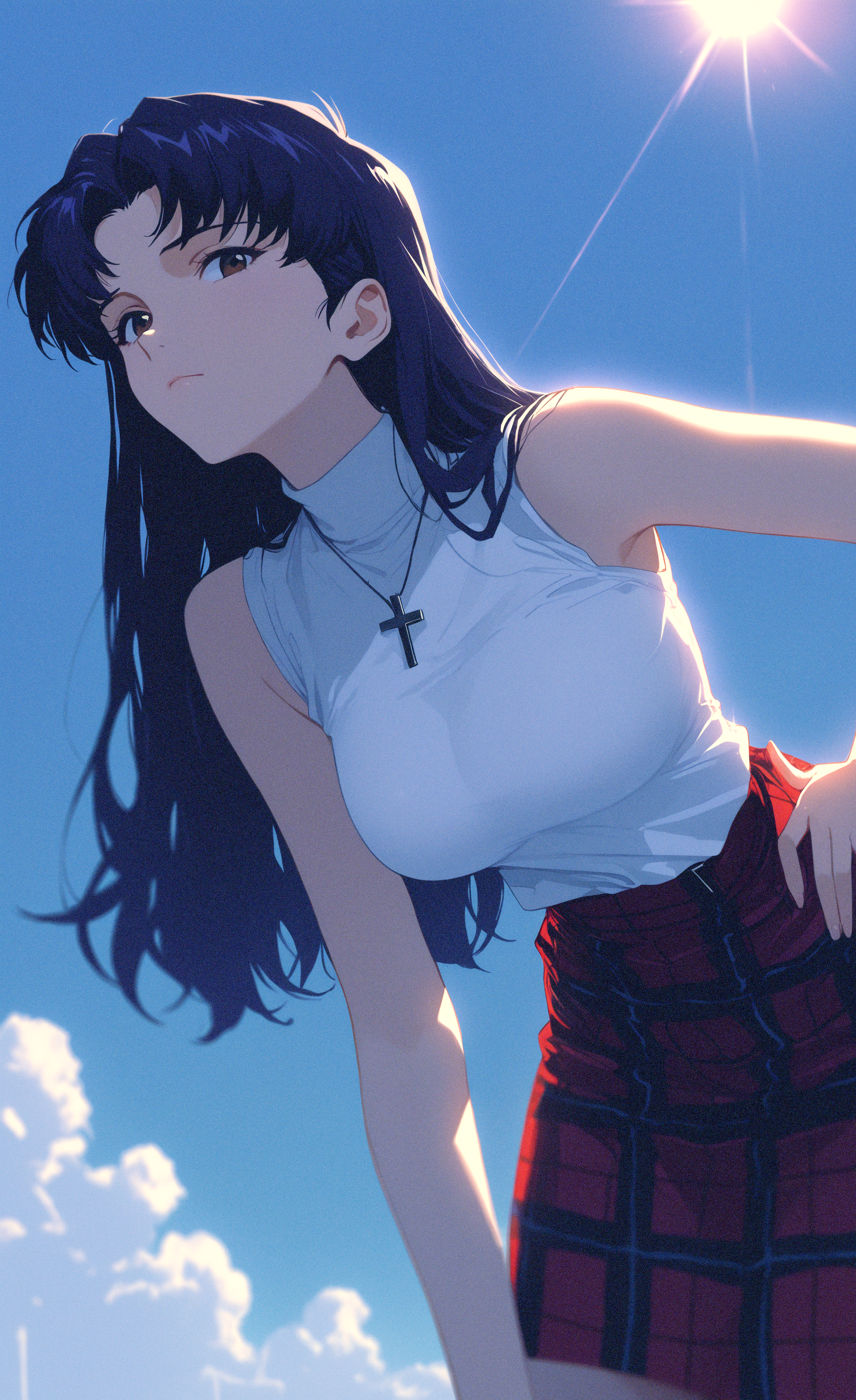 masterpiece, best quality, good quality, very awa, newest, highres, absurdres, katsuragi misato \(neon genesis evangelion\), 1girl, solo, long hair, (large breasts), black hair, brown eyes, parted bangs, looking at viewer, closed mouth, leaning forward, hand on own hip, shirt, skirt, bare shoulders, sleeveless, necklace, White shirt,plaid, sleeveless shirt, bare arms, red skirt, turtleneck, plaid skirt, cross, shirt tucked in, cross necklace, day, sunlight, bloom,sky, xxx667_illu, glowing, melanch0ly, retro anime, 1990s <lora:illustriousXL_stabilizer_v1.23:0.3> <lora:NOOB_vp1_detailer_by_volnovik_v1:0.3> <lora:ponyv6_noobE11_2_adamW-000017:0.3> <lora:XXX667:0.6> <lora:MelancholyAnime:0.8>