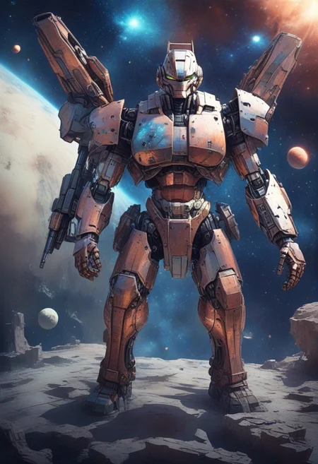 lazympos,
mecha,made of copper,science fiction,no humans,glowing,retro artstyle,space,star \(sky\),planet,earth \(planet\),space craft,starry sky,weapon,milky way,
