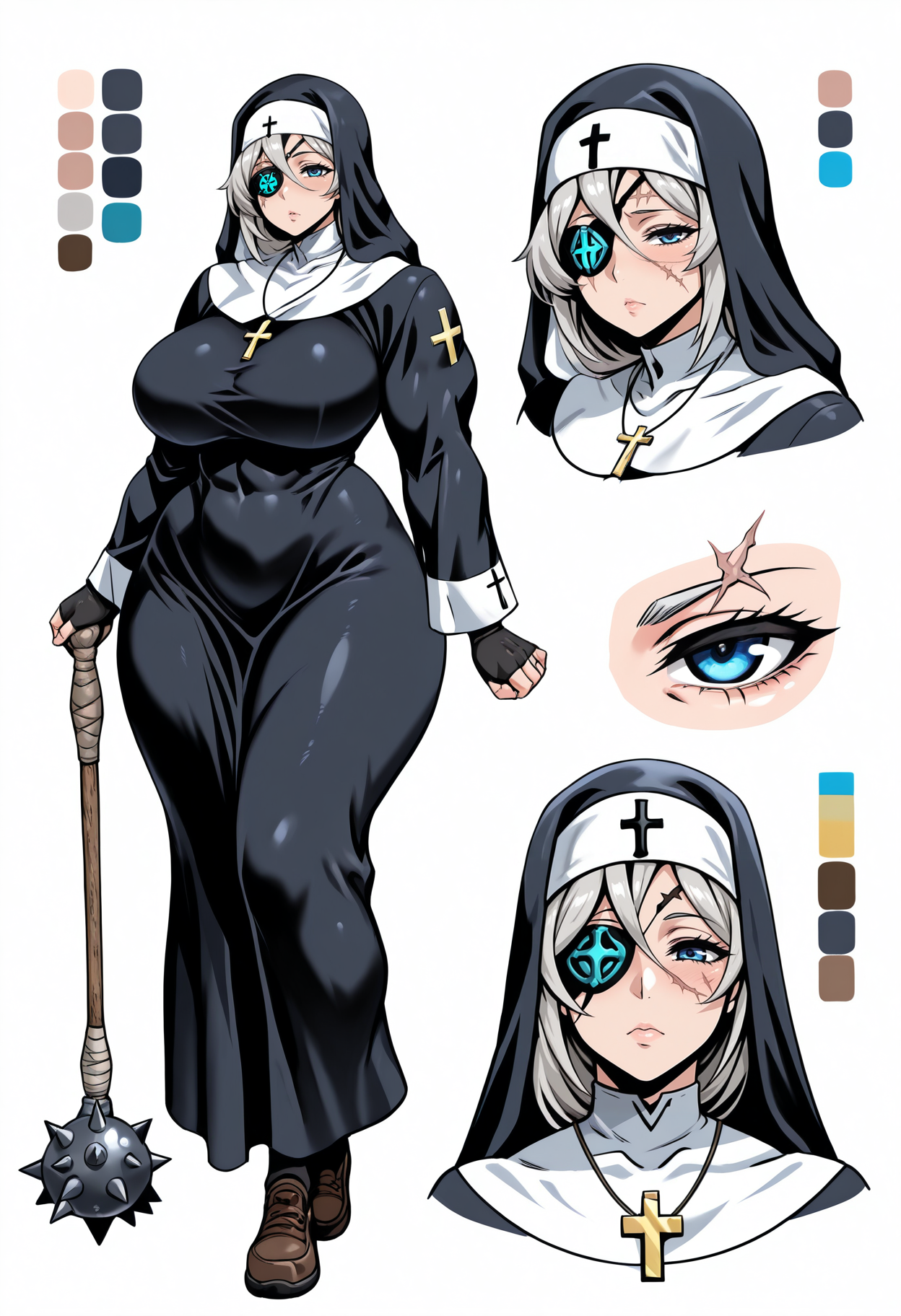 masterpiece, best quality,
(multiple views:1.1), reference sheet, (color guide:1.2),
1girl, full body, face close-up, 
looking at viewer, 
mature female, large breasts, muscular, curvy, 
grey hair, blue eyes, 
eyepatch, scar on face, 
nun, habit,skindentation, crucifix, spiked mace, 
simple background, white background, 
<lora:CharacterDesignIllustrious_Concept:1> CharacterDesignIllustrious,
 <lora:Neromashin_Style_SKNSFW:0.7> Neromashin_Style_SKNSFW,