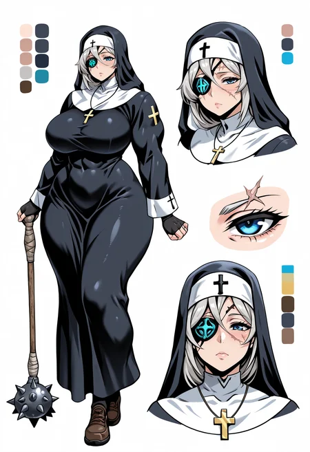 masterpiece, best quality,
(multiple views:1.1), reference sheet, (color guide:1.2),
1girl, full body, face close-up, 
looking at viewer, 
mature female, large breasts, muscular, curvy, 
grey hair, blue eyes, 
eyepatch, scar on face, 
nun, habit,skindentation, crucifix, spiked mace, 
simple background, white background, 
<lora:CharacterDesignIllustrious_Concept:1> CharacterDesignIllustrious,
 <lora:Neromashin_Style_SKNSFW:0.7> Neromashin_Style_SKNSFW,