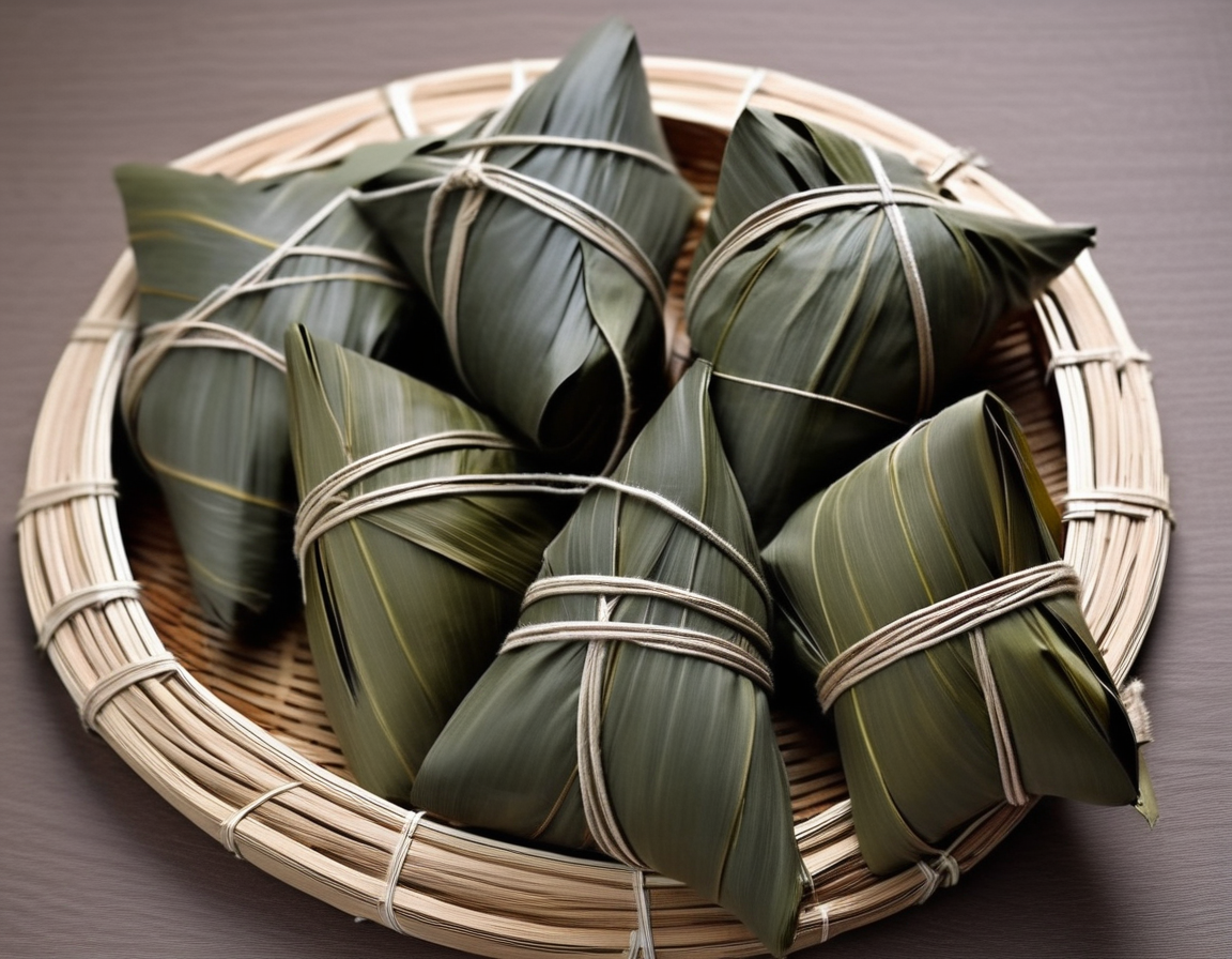 A Chinese-style mazon (zongzi), wrapped and hung, possibly with bamboo leaves or other traditional materials. The wrapping is neat and secure, and the hanging arrangement adds a touch of authenticity, often seen in traditional preparation or display. The setting could be a kitchen, market stall, or cultural festival, with related elements that enhance the cultural context. The scene should be as realistic as a high-resolution photograph, with natural and inviting lighting that highlights the details of the mazon and the texture of the wrapping.<lora:mazon:0.65> ,rope