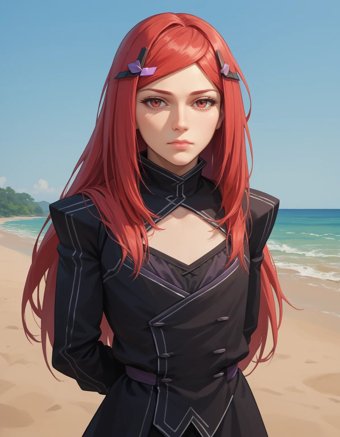 score_9, score_8_up, score_7_up,score_6_up source_anime,
mature female, nalo, flat chest, 1girl, long hair, red eyes, red hair, looking at viewer, small breasts, closed mouth, hairclip, black dress,looking at viewer, outdoors,upper body, arms behind back, beach
<lora:night angel _(last origin)-cybersleuth-PonyXL rex:1>