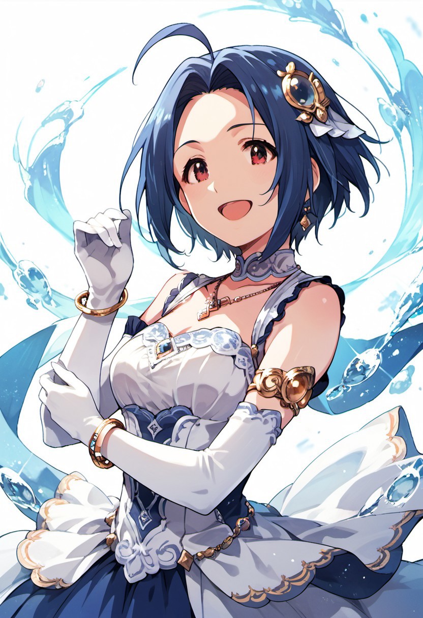 score_9, score_8_up, score_7_up, source_anime,miura azusa, blue hair, ahoge, short hair, red eyes, 1girl, gloves, elbow gloves, dress, jewelry, solo, hair ornament, bracelet, necklace, smile, open mouth, white gloves