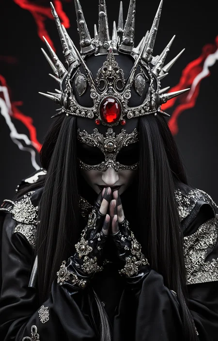 digital artwork depicting a gothic, surreal scene featuring a mysterious, androgynous figure adorned in dark, elaborate attire. The figure has long, flowing black hair and is wearing an ornate, spiked crown that radiates a sinister aura. The crown is adorned with sharp, metallic spikes and a central red gem, which adds a striking contrast to the dark, ominous tones of the image. The figure's face is partially obscured by the crown and a black mask that covers their eyes, giving them a haunting, enigmatic appearance.,
The figure's hands are adorned with black, leather-like gloves that have intricate designs and metallic accents, enhancing the gothic aesthetic. They are clasping their hands together in a gesture that suggests both power and vulnerability. The background is a dark, almost black, with red and white streaks that create a sense of movement and energy, adding to the intense, otherworldly atmosphere. The textures of the clothing and accessories are highly detailed, with a glossy, almost metallic sheen that contrasts with the soft, flowing fabric of the figure's attire. The overall composition is dramatic and intense, with a focus on dark, gothic elements and a sense of mystery., <lora:aidmaImageUpraderv0.3:0.4>, aidmaimageupgrader, <lora:diffusion_pytorch_model:1>, <lora:aidmaMJ6.1_v0.5_3:0.7>, aidmaMJ6.1, ultra quality, ultra detailed, intricate details