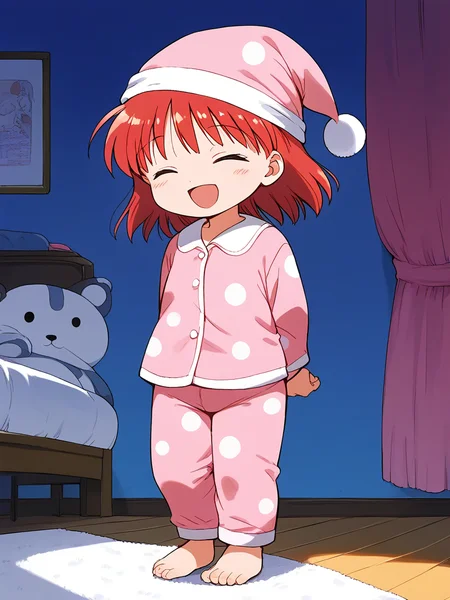 score_9, score_8_up, score_7_up, source_anime, rating_explicit, BREAK <lora:momo_shunrai_XL:1> momo_ shunrai, short stack, short hair, red hair, closed eyes,
pink pajamas, pink night cap, stuffed animal, 1girl, open mouth, solo, arms behind back
room, flooring, curtain,
smile, standing,
looking at viewer,
cowboyShot,
