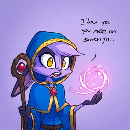 anthro, female, solo, clothing, fur, simple background, clothed, text, open mouth, teeth, dialogue, jewelry, yellow eyes, purple body, purple fur, magic user, robe, hood, staff, mammal, lagomorph, leporid, rabbit
 <lora:vi_noobai:0.8>,