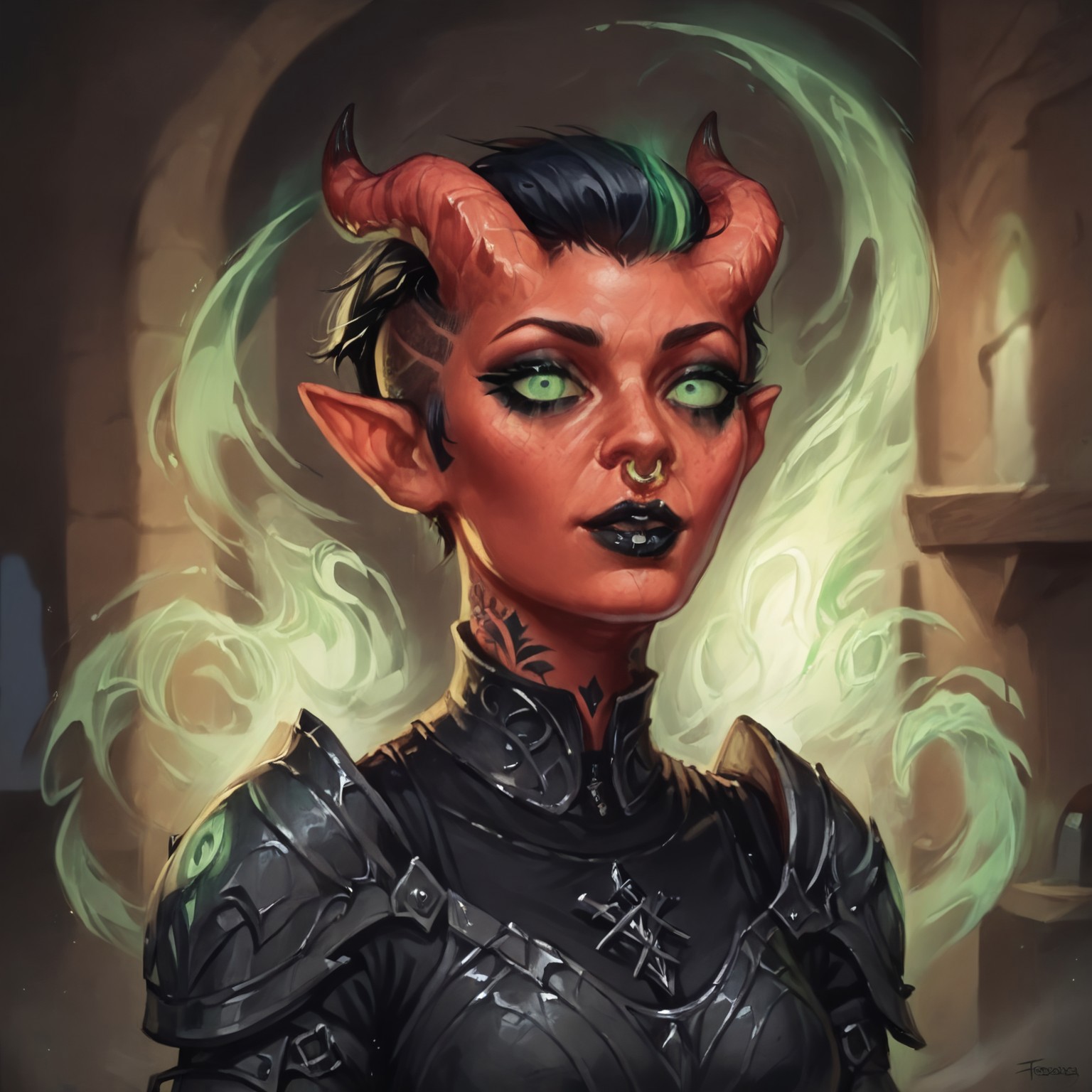 (((beautiful, high quality))), upper Body, woman, goth, short hair, undercut hair, green eyes, score_9, score_8_up, score_7_up, Tiefling, pointed ears, horns, colored sclera, 1girl, red skin, black armor, green energy, looking at the viewer, posing, dynamic pose, blurred background, in the style of jeff-easley, oil painting, realistic, tattoos, black hair, piecings, black lipstick, black makeup, symmetrical horns, nose ring, lips closed,