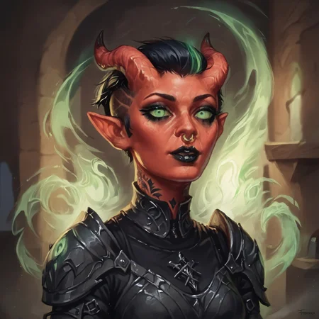 (((beautiful, high quality))), upper Body, woman, goth, short hair, undercut hair, green eyes, score_9, score_8_up, score_7_up, Tiefling, pointed ears, horns, colored sclera, 1girl, red skin, black armor, green energy, looking at the viewer, posing, dynamic pose, blurred background, in the style of jeff-easley, oil painting, realistic, tattoos, black hair, piecings, black lipstick, black makeup, symmetrical horns, nose ring, lips closed,