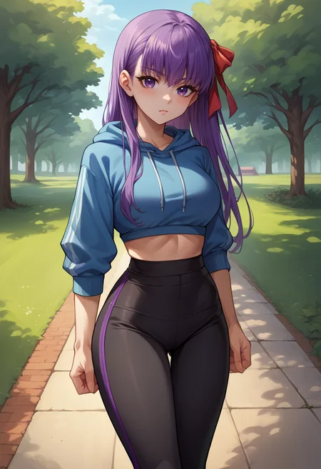 score_9, score_8_up, source_anime, 1girl, solo, BBFate, purple eyes, long hair, purple hair, hair ribbon, red ribbon, outdoors, park, blue hoodie, high-waist pants, yoga pants, black pants, light blush, <lora:CHAR-BBFatePonyXL:1>