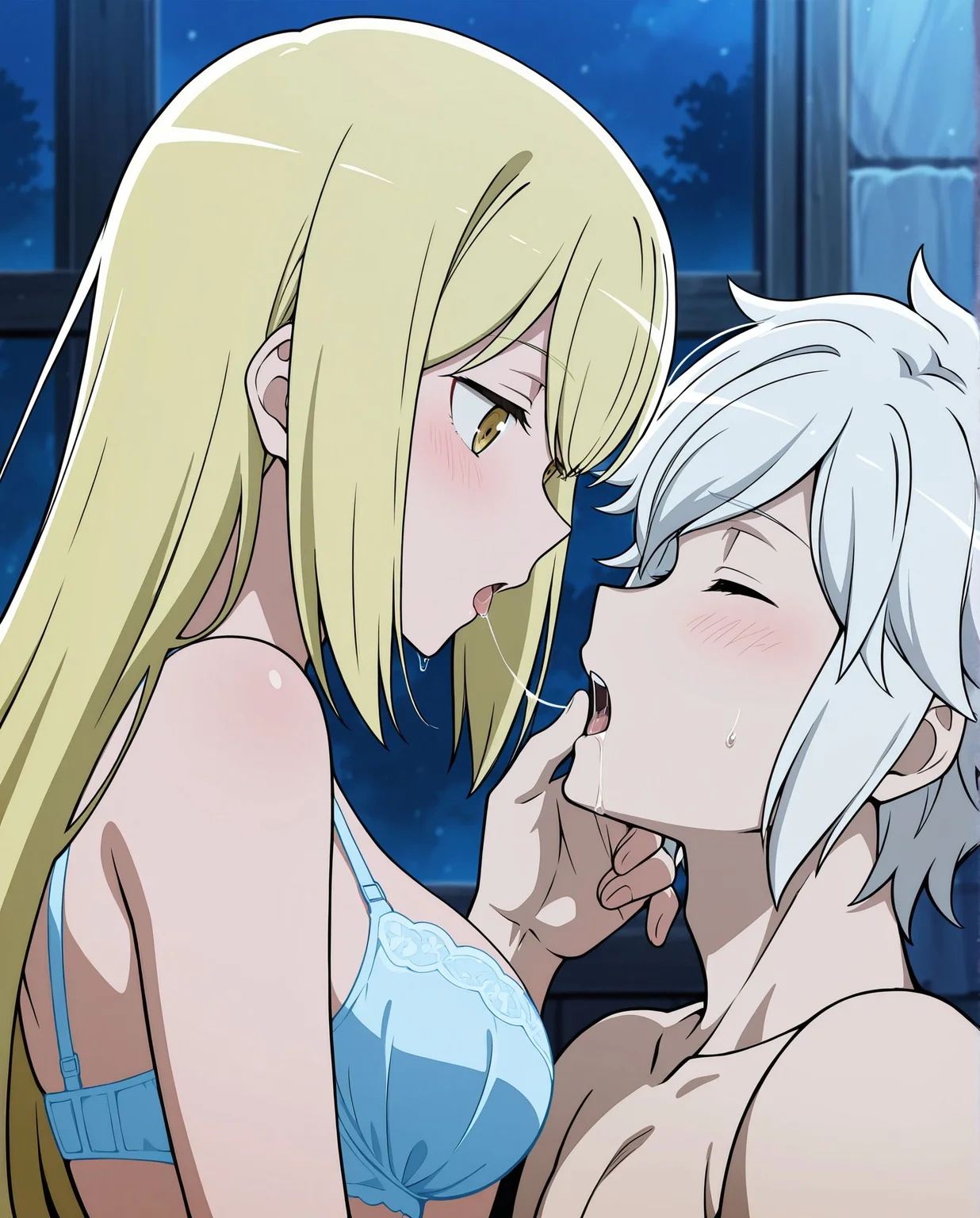 masterpiece, best quality, newest, absurdres, highres, detailed eyes, beautiful, detailed background, perfect eyes, anime coloring, anime screencap,
<lora:saliva_swapping:1> saliva_swappingV1,
1girl,hetero,1boy,
underwear,bra,breasts,
closed eyes,
saliva,saliva trail,
saliva swapping,
(girl feeding a boy her spit),
BREAK
dungeon ni deai wo motomeru no wa machigatteiru darou ka,
aiz wallenstein,
bell cranel,