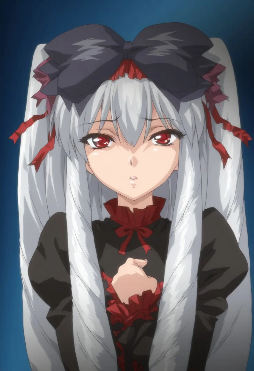 masterpiece,best quality,amazing quality, WRikka, long hair, ribbon, hair ribbon, red eyes, anime coloring, twintails, white hair, drill hair, red laces, , anime coloring