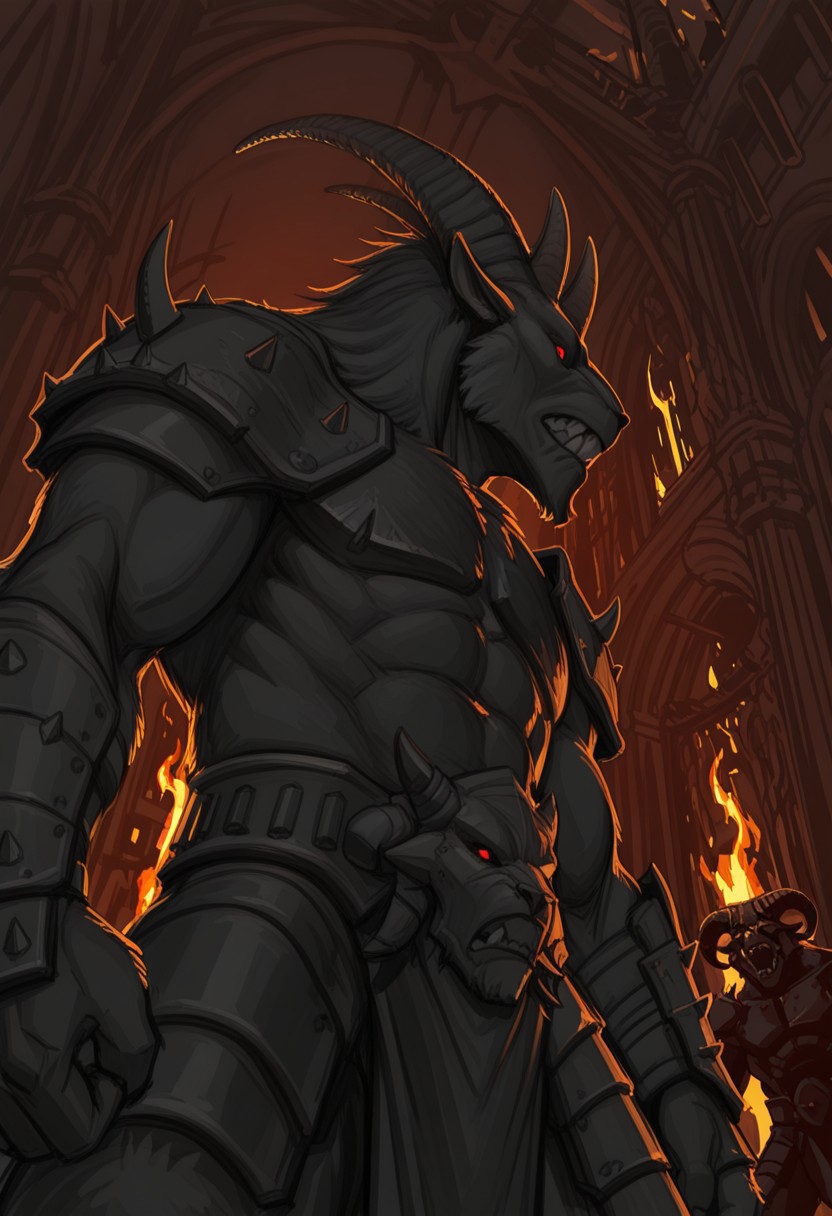 b345tm3n, 1boy, horns, furry, teeth, armor, muscular, red eyes,
lineart, sketch, profile, head turn, interior, burning building, low angle view, hidden viewer, partial view,