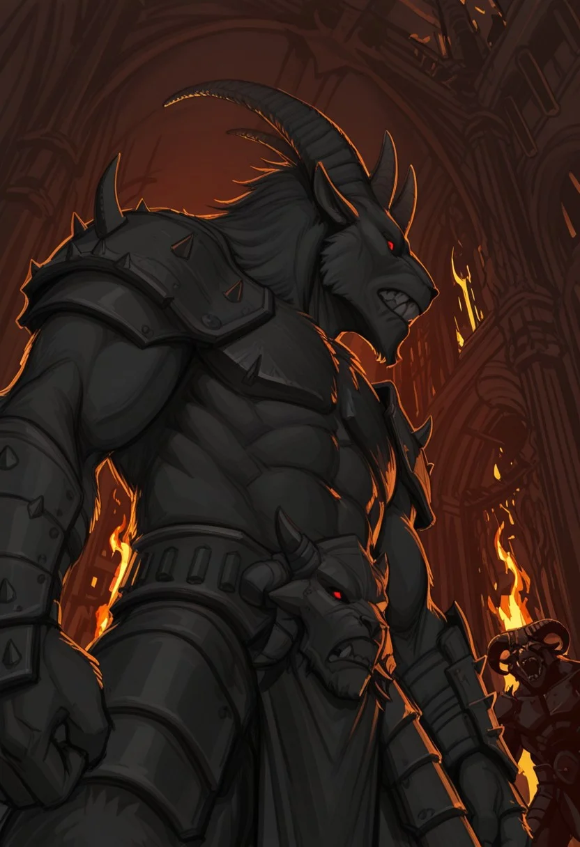 b345tm3n, 1boy, horns, furry, teeth, armor, muscular, red eyes,
lineart, sketch, profile, head turn, interior, burning building, low angle view, hidden viewer, partial view,