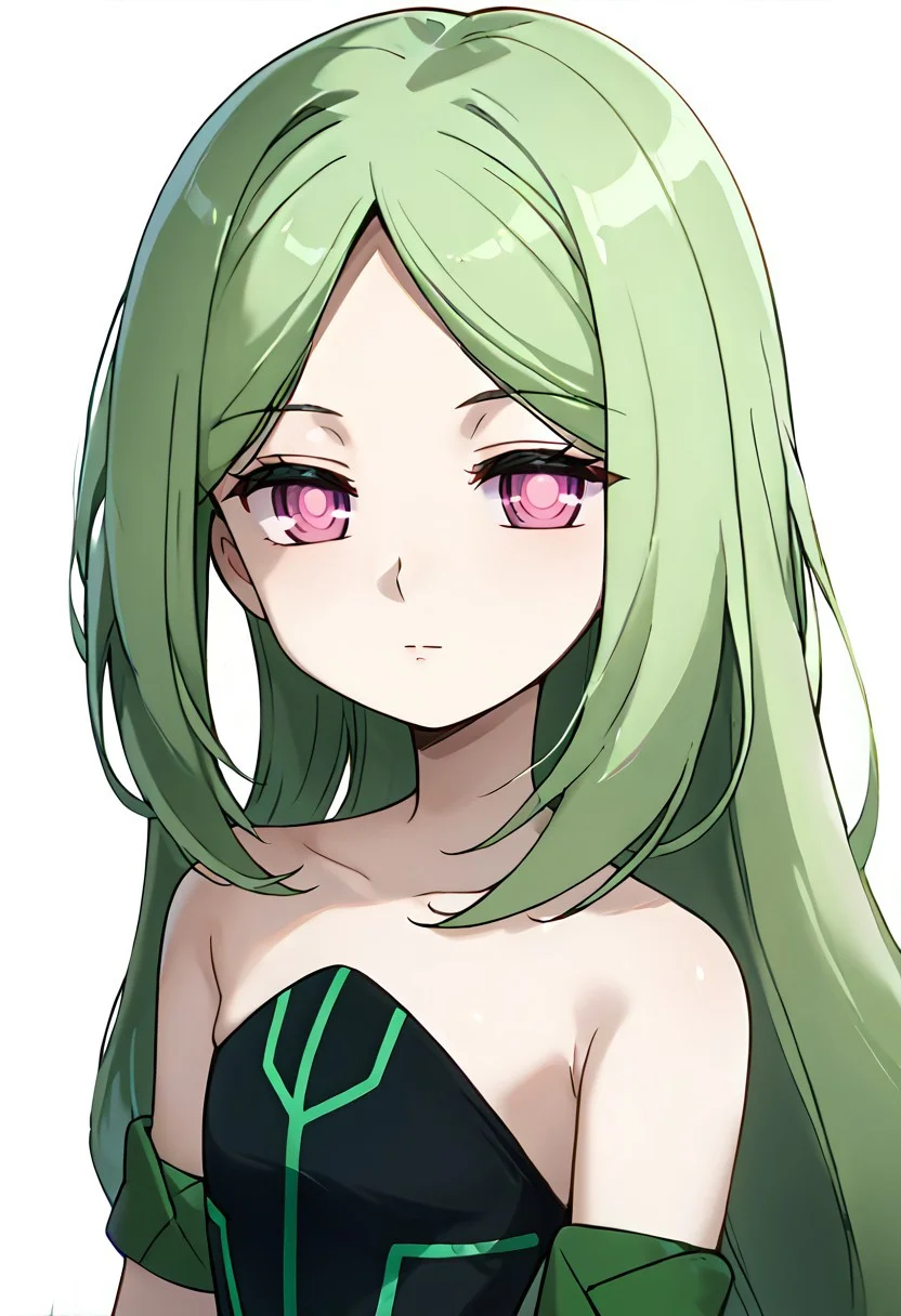 score_9, score_8_up, score_7_up, source_anime, highres, hi res, best quality, masterpiece, 2d, intricate details, anime, 4k,
1girl, solo, female, momose kajitsu,Green hair, long hair, parted bangs, pink eyes, small breasts, bare shoulders,Green striped black dress, long skirt,strapless, strapless dress,green armband,
white background,
eyelashes, close-up, reflection, eyes focus,
foreshortening, looking at viewer,