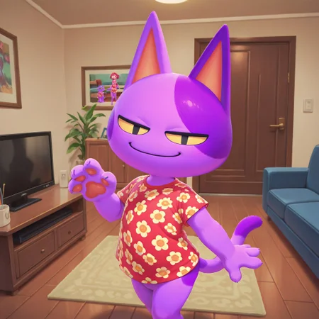 masterpiece, best quality, amazing quality, bob, male, furry male, anthro, solo, cat, purple fur, two-tone fur, yellow sclera, black pupils, pointed ears, paw pads, tail, red floral shirt, standing, smile, looking at viewer, indoors, living room