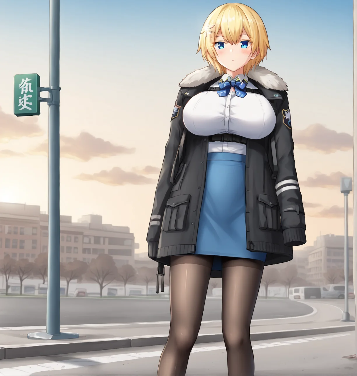 <lora:VSK-94_Girls_Frontline:.8> vsk-94, blonde hair, blue eyes, large breasts, snowflake hair ornament, black jacket, white shirt, blue miniskirt, pantyhose, solo, detailed eyes, standing, suburbs, apartments in background, on sidewalk, outside, clouds in sky
