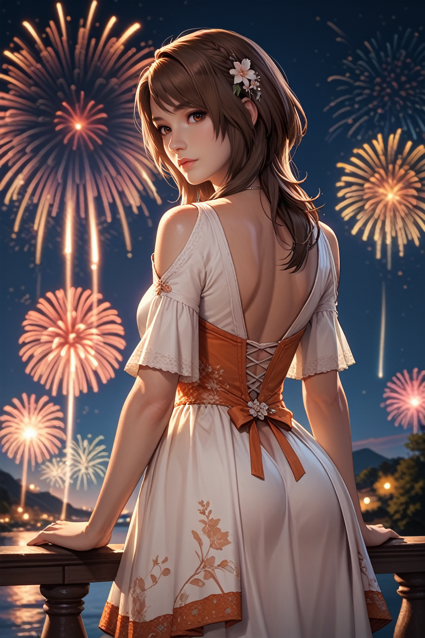 score_9, score_8_up, score_7_up,
<lora:FFyuri:0.8>
FFyuri, solo, 1girl, brown hair, brown eyes, looking at viewer, from behind, cowboy shot, dress, looking back, fireworks, at night