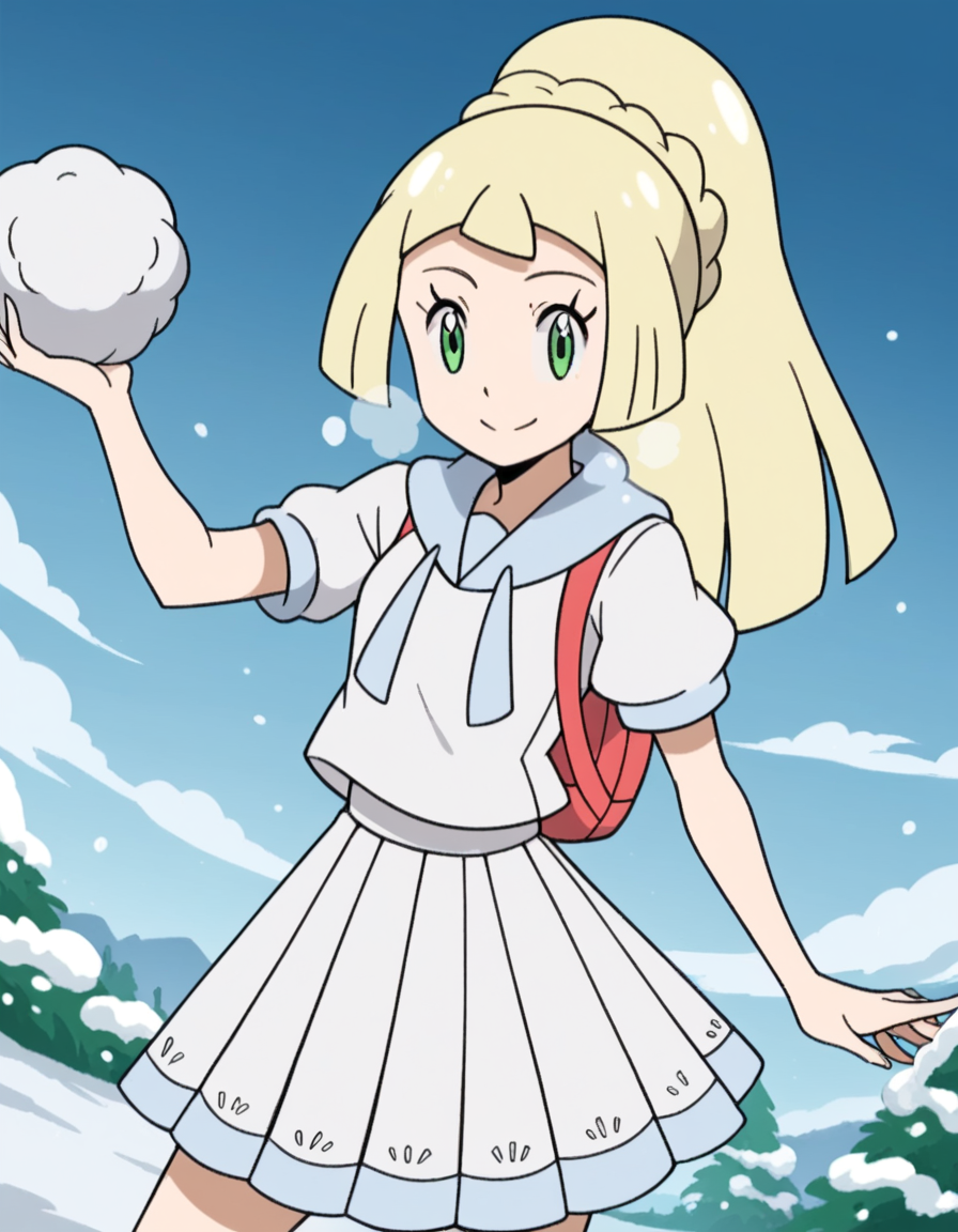 score_9, score_8_up, score_7_up, source_anime, <lora:pokemon-lilie-anime-ponyxl-lora-nochekaiser:1>, lillie \(pokemon\), blonde hair, blunt bangs, green eyes, long hair,, braid, french braid, high ponytail, miniskirt, pleated skirt, sailor collar, shirt, short sleeves, skirt, white shirt, white skirt,, snow day, winter clothes, snowball fight, laughter, cold breath, white landscape, smile, looking at viewer, solo,, cowboy shot, dutch angle