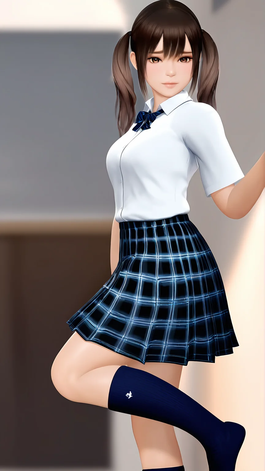 amazing quality,absurdres,best quality,masterpiece,highres,newest,detailed,detailed body,detailed face,solo,3d,realistic,
3ribishoujo,1girl,school uniform,skirt,socks,brown hair,brown eyes,plaid skirt,kneehighs,<lora:3ribishoujo:0.85>,