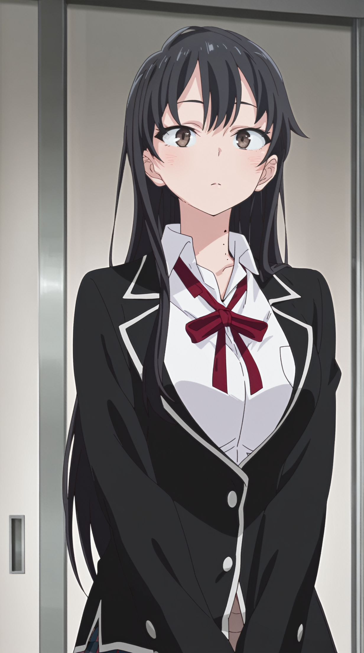 <lora:Oregairu:1> OregairuStyle
1girl,solo,
<lora:Anna_Yamada_The_Dangers_in_My_Heart_-_Illustrious_V2:0.75> 1girl, solo, long hair, black hair, brown eyes, mole on neck, multiple moles on neck, bangs, large breasts,
"yahari ore no seishun lovecome wa machigatteiru", school uniform, tie, red ribbon, black jacket,
tall, skirt,
masterpiece,best quality,amazing quality,  
looking at viewer,