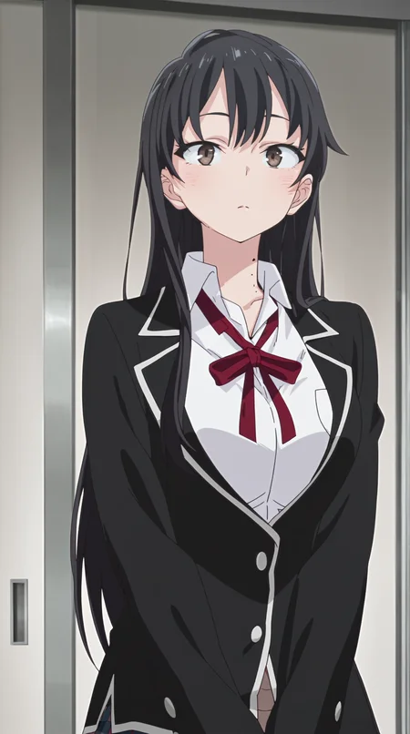 <lora:Oregairu:1> OregairuStyle
1girl,solo,
<lora:Anna_Yamada_The_Dangers_in_My_Heart_-_Illustrious_V2:0.75> 1girl, solo, long hair, black hair, brown eyes, mole on neck, multiple moles on neck, bangs, large breasts,
"yahari ore no seishun lovecome wa machigatteiru", school uniform, tie, red ribbon, black jacket,
tall, skirt,
masterpiece,best quality,amazing quality,
looking at viewer,