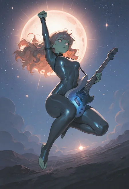 dynamic lighting, masterpiece, detailed eyes, high quality, best quality, highres, muted colors, pencil lines, very awa, masterpiece, best quality, absurdres, highres, year 2024, newest, very Aesthetic,ultradetailed,
1girl, alien girl, green skin, playing guitar, electric guitar between thighs, arm raised, one knee raised, fist in air, red wavy hair, skin tight silver toeless bodysuit, jumping, floating, flying, full body, from below, low angle view, ((dutch angle,))
outer space, stars, galaxy, meterorites, atmosphere, sunrise,
