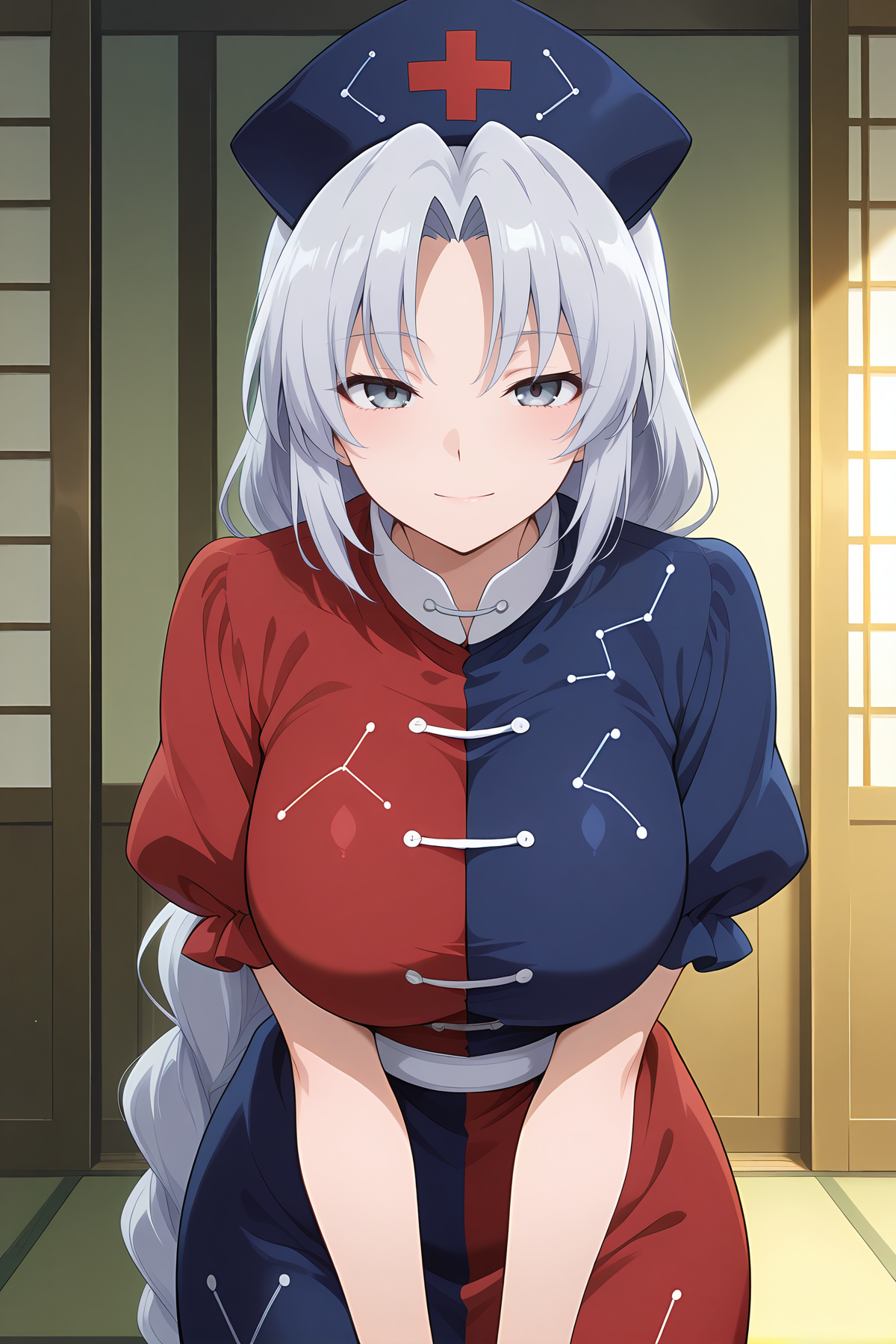 absurdres, highres, masterpiece, best quality, amazing quality, official anime artwork, screencap, anime screencap, indoors, looking at viewer, light smile, 
 <lora:Eirin-Yagokoro_Illustrious:1> yagokoro eirin, 1girl, solo, grey eyes, grey hair, very long hair, braided ponytail,, nurse cap, constellation print, multicolored dress, red dress, blue dress, puffy short sleeves, frilled dress,