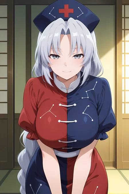 absurdres, highres, masterpiece, best quality, amazing quality, official anime artwork, screencap, anime screencap, indoors, looking at viewer, light smile,
<lora:Eirin-Yagokoro_Illustrious:1> yagokoro eirin, 1girl, solo, grey eyes, grey hair, very long hair, braided ponytail,, nurse cap, constellation print, multicolored dress, red dress, blue dress, puffy short sleeves, frilled dress,