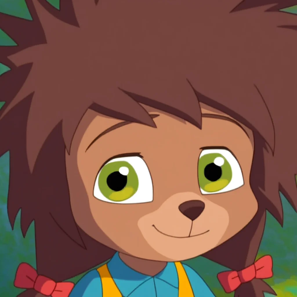 score_9, masterpiece, 1girl, Solo, female focus, furry, anthro, lily_moah, brown fur, green eyes, auburn brown hair, spiked wild hair, pigtails with red bows, dark brown small round nose, small snout, blue collar shirt with white long-sleeved, yellow sleeveless dress, blue rain boots, big eyes, cute, short stature, standing, close-up, forest background, looking at viewer, perfect eyes, smile, face photo