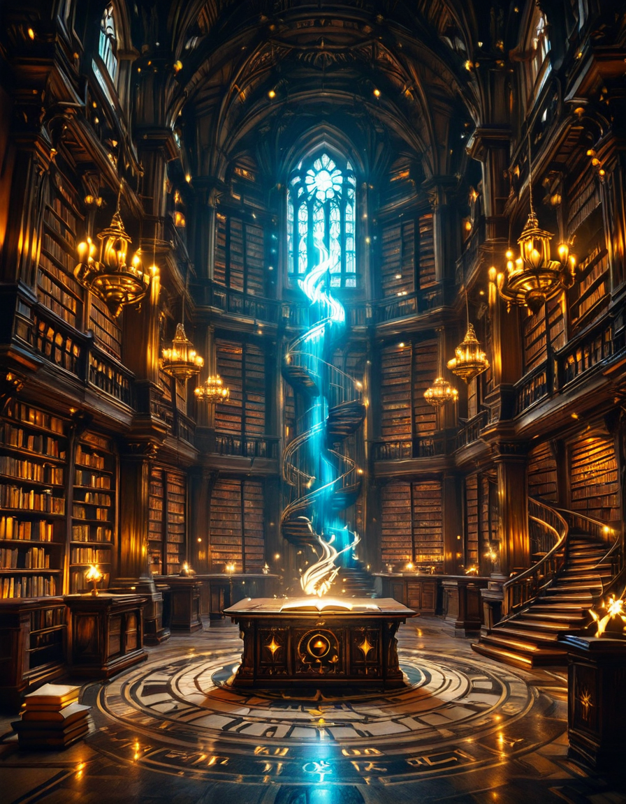 grand enchanted library filled with towering wooden bookshelves that stretch endlessly into the distance, packed with ancient, leather-bound books glowing with mystical runes. The atmosphere is illuminated by floating candles and ethereal blue and golden lights that hover in the air, casting a warm, magical glow. A spiral staircase made of dark oak winds upward, disappearing into the shadows of the high-vaulted ceiling adorned with intricate celestial carvings. Wisps of enchanted mist swirl around the floor, while some books levitate gently from shelf to shelf, as if guided by an unseen force. The air shimmers with dust particles suspended in soft, golden light filtering through stained glass windows, depicting mythical creatures and arcane symbols. The scene is rich in deep, warm tones of mahogany, gold, and sapphire, evoking a sense of wonder, mystery, and timeless knowledge. The image is highly detailed and photorealistic, capturing the textures of the aged books, the glow of magical elements, and the enchanting stillness of this mystical sanctuary of wisdom.
<lora:SDXLFaeTastic2400:0.4> <lora:extremely_detailed:0.4> extremely detailed,<lora:3nch4nt3d_l1br4ry-ill:1>,3nch4nt3d l1br4ry, Masterpiece,best quality,hi res,8k,hi res,8k,award winning,(sharp focus, intricate, highly detailed),