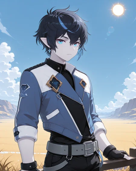 masterpiece, amazing quality, best quality, absurdres, very aesthetic,
1boy, solo, yaoi, male focus, cowboy shot, upper body, looking at viewer, face focus,
<lora:Vega_ilxl:1> vega, pointy ears, black hair, blue eyes, multicolored hair,pale skin,streaked hair, blue hair,
fingerless gloves, blue jacket, grey belt, black gloves, black pants, jewelry,
outdoors, day, blue sky, sun,