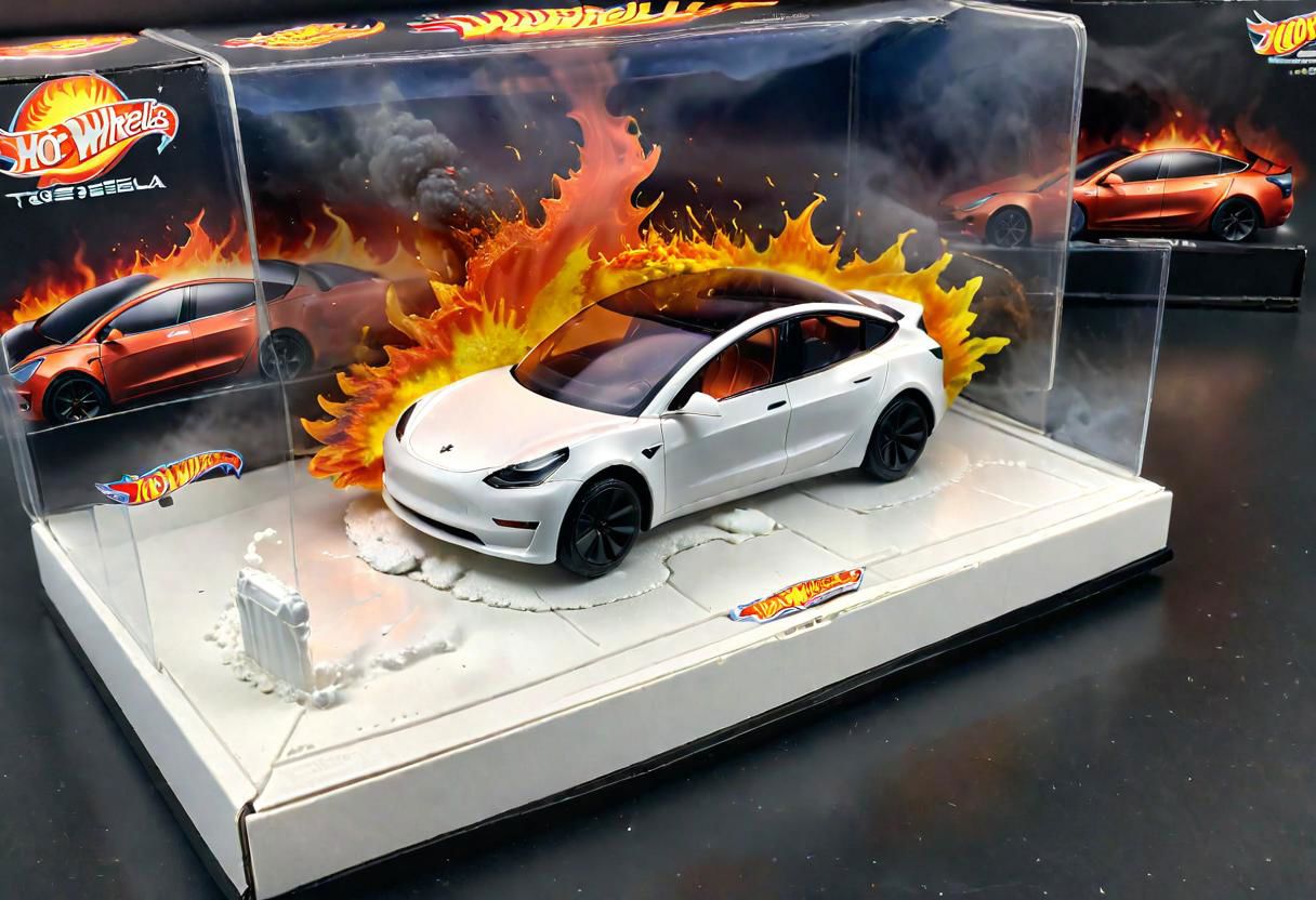 Hot Wheels toy car company have made a toy car version of a Tesla Model 3, The toy telsa model 3 car comes in a mini display unit/box. The car is exploding into fire and flames, white smoke fills the top of the display box, (realistic explosion from car), (realistic Flames bellow from the car windows inside the display unit),  (standing next to the car is a little palstic toy man, he holds both arms in the air,