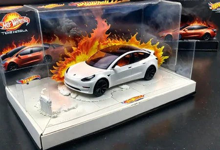 Hot Wheels toy car company have made a toy car version of a Tesla Model 3, The toy telsa model 3 car comes in a mini display unit/box. The car is exploding into fire and flames, white smoke fills the top of the display box, (realistic explosion from car), (realistic Flames bellow from the car windows inside the display unit), (standing next to the car is a little palstic toy man, he holds both arms in the air,